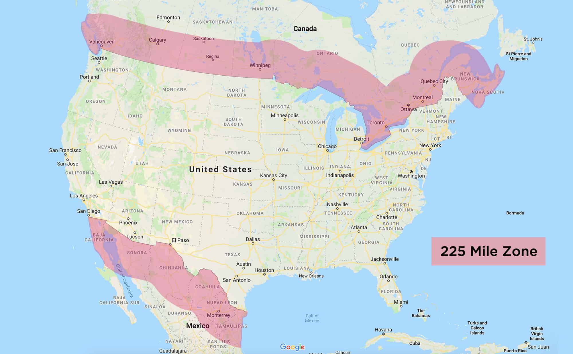 Map of the 225-mile zone in Canada and Mexico